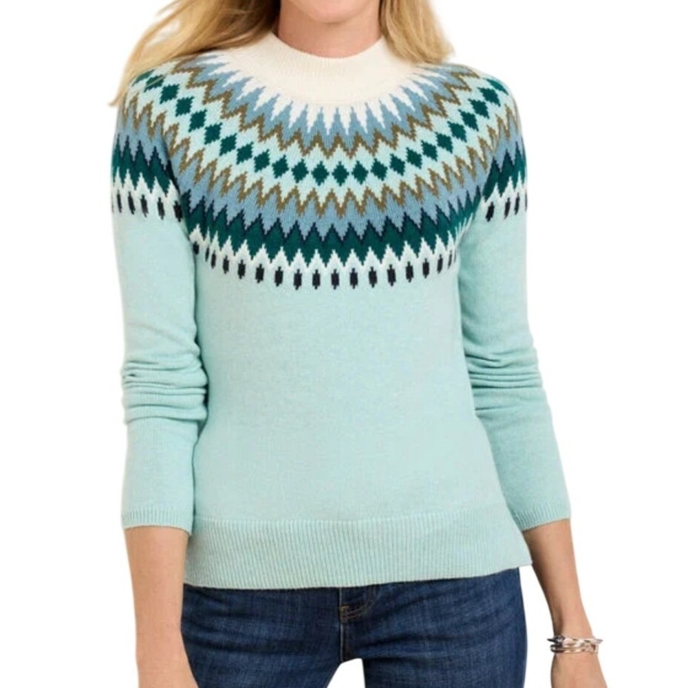 TALBOTS Women Fair Isle Chevron Blue Mock Neck Sweater Sz‎ Medium P Winter Knit